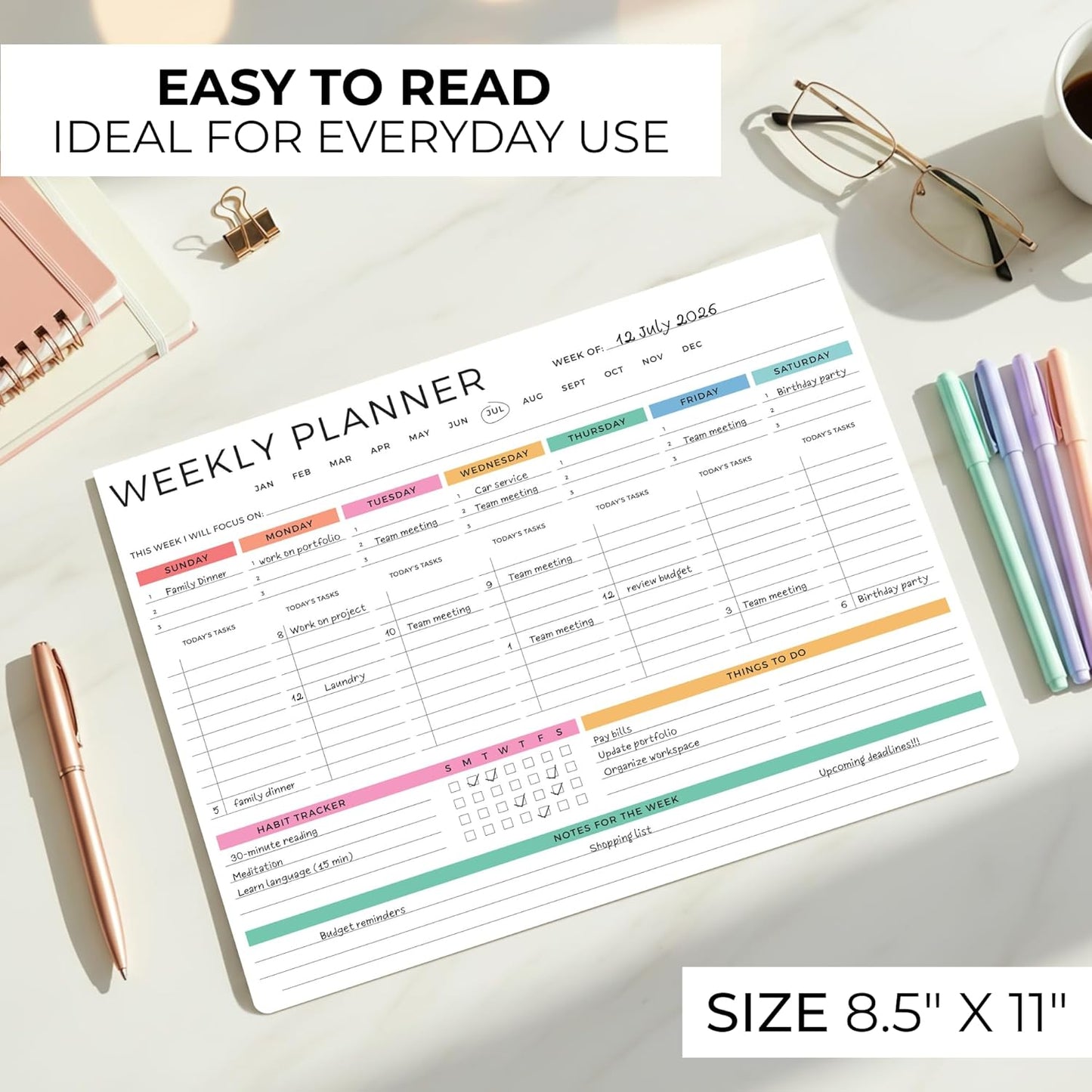 Beautiful Weekly Planner - The Perfect Undated To Do List Notepad with 52 Sheets - Aesthetic Calendar Pad & Office Desk Supplies For Women to Effectively Organize Your Work or Home Tasks