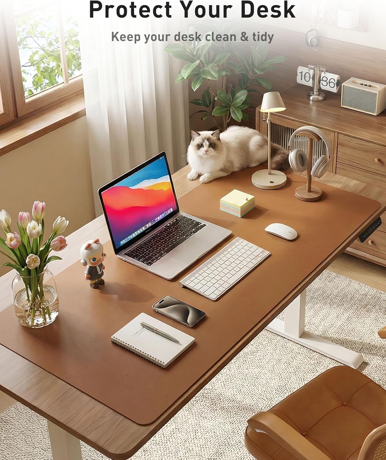 Aothia Leather Desk Pad Protector, Mouse Pad, Office Desk Mat, Non-Slip PU Leather Desk Blotter, Laptop Desk Pad, Waterproof Desk Writing Pad for Office and Home (Brown,23.6" x 13.7") - Colors A