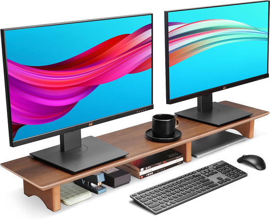 Aothia Solid Wood Dual Monitor Stand Riser for Desk, 43 Inch Black Walnut Computer Monitor Riser with Cork Legs, Extra Long Desktop Organizer Shelf for 2 Monitors, Laptop & Printer