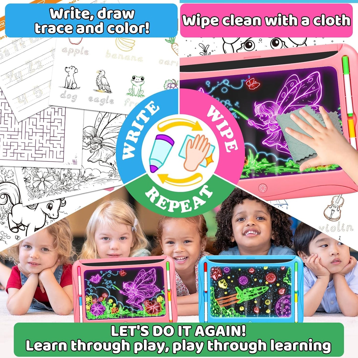 LED Drawing Board, Magic Kids Toys for Boys 4-6, Christmas Birthday Gifts, Light Up Tracing Pad, 9 Double-Sided Cards, 6 Markers, Glow in The Dark Doodle Writing Tablet, Learning Toy Arts Crafts Kits