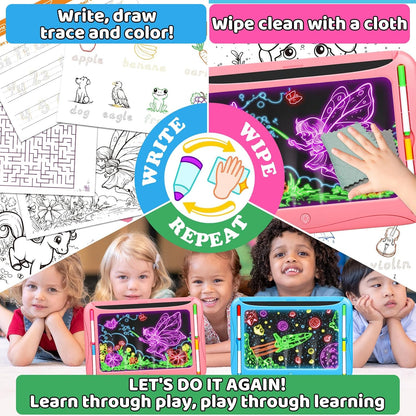 LED Drawing Board, Magic Kids Toys for Boys 4-6, Christmas Birthday Gifts, Light Up Tracing Pad, 9 Double-Sided Cards, 6 Markers, Glow in The Dark Doodle Writing Tablet, Learning Toy Arts Crafts Kits
