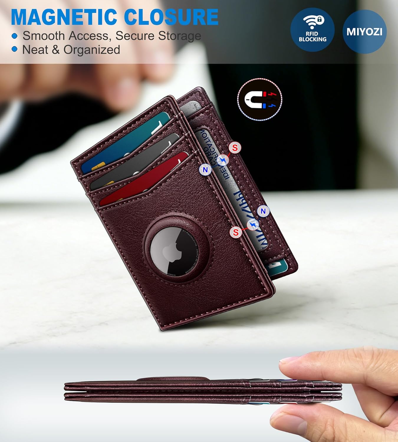 miyozi Airtag Slim Leather Wallet for Men - 12-Card Capacity, Magnetic Closure, Money Clip & Simplified Bill Compartment, RFID Blocking (4.3" x 3.0") | Gift Boxed