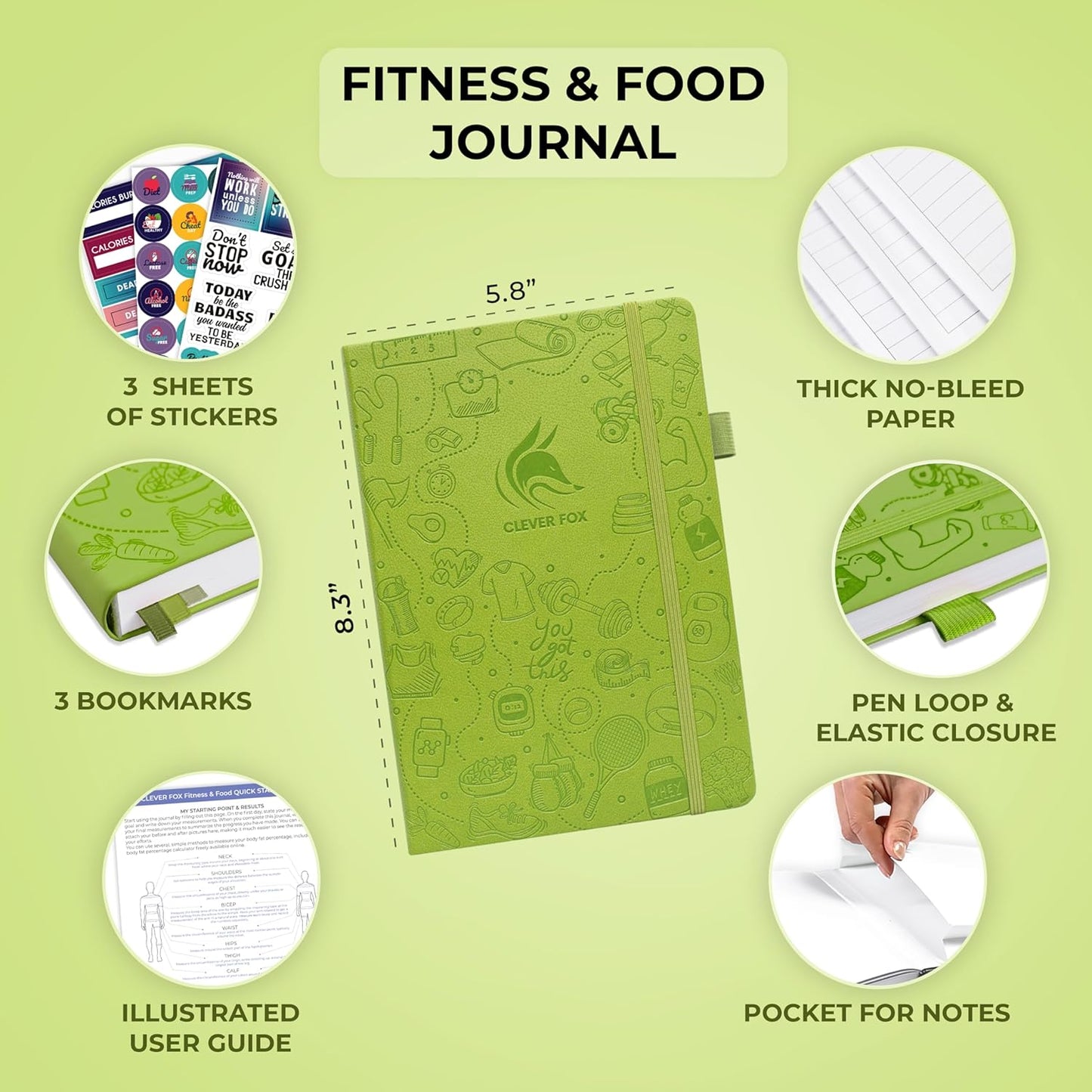Clever Fox Fitness & Food Journal – Nutrition & Workout Planner for Women & Men – Diet & Gym Exercise Log Book with Calendars, Diet & Training Trackers - Undated, A5 Size, Hardcover (Forest Green)