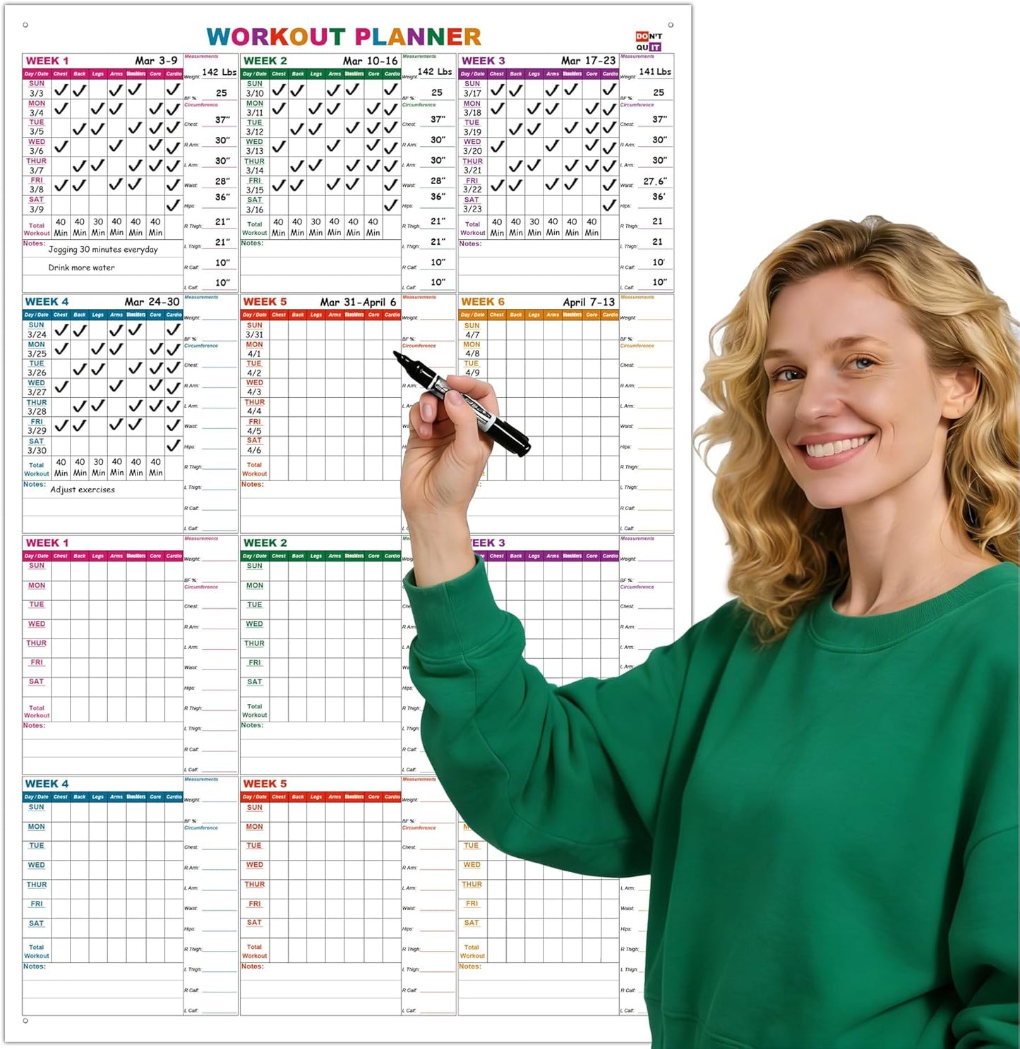 Large Dry Erase Workout Calendar For Wall, 24 X 36 Inch Reusable 12 Week Weight Loss Tracker Chart, Lightweight Gym Whiteboard Poster For Tracking Exercise, Body's Measurement & Circumference