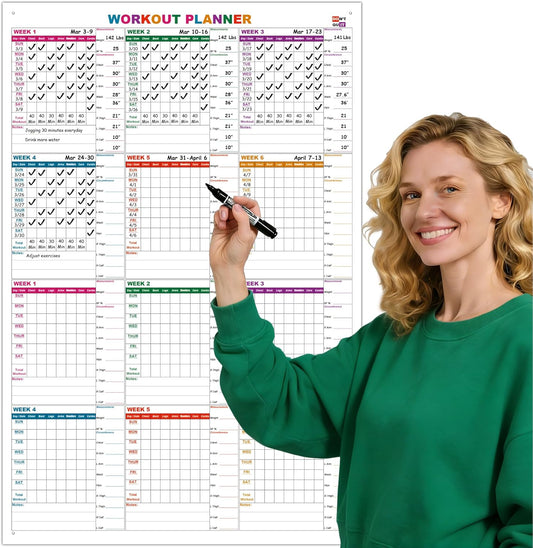 Large Dry Erase Workout Calendar For Wall, 24 X 36 Inch Reusable 12 Week Weight Loss Tracker Chart, Lightweight Gym Whiteboard Poster For Tracking Exercise, Body's Measurement & Circumference