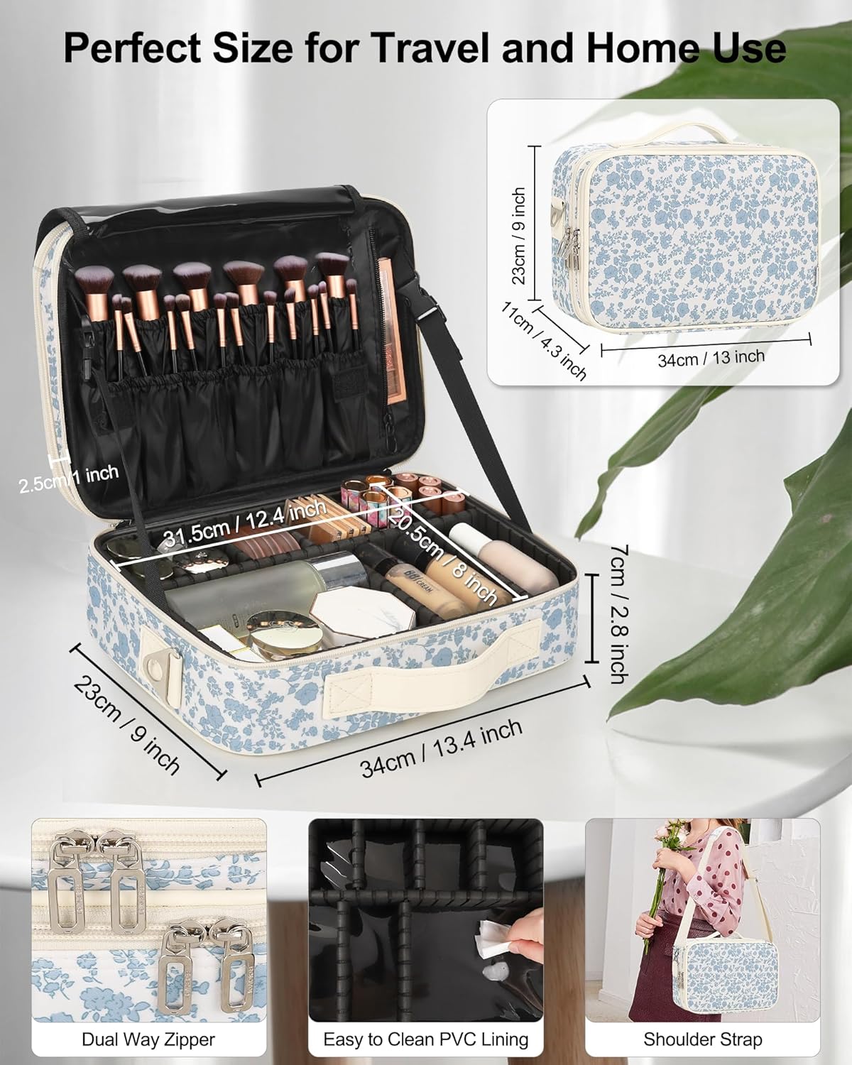 Relavel Makeup Case Large Makeup Bag Professional Train Case 16.5 inches Travel Cosmetic Organizer Brush Holder Waterproof Makeup Artist Storage Box, 3 Layer Large Capacity, with Adjustable Strap