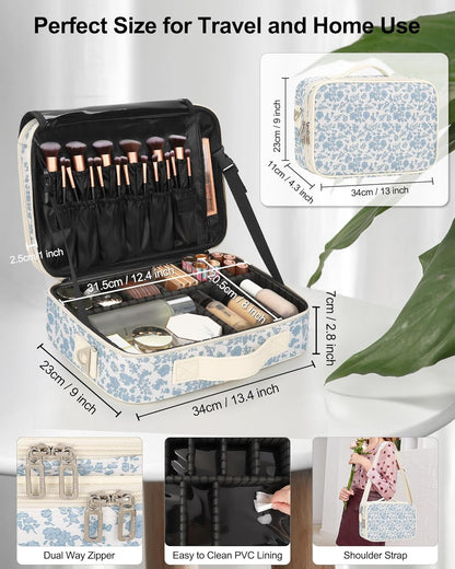 Relavel Makeup Case Large Makeup Bag Professional Train Case 16.5 inches Travel Cosmetic Organizer Brush Holder Waterproof Makeup Artist Storage Box, 3 Layer Large Capacity, with Adjustable Strap