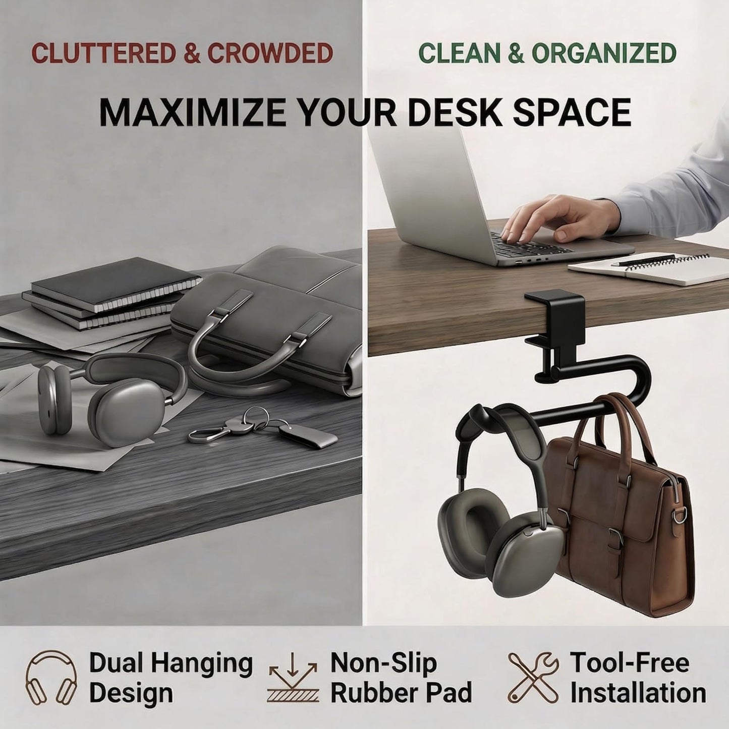 Desk Hook & Bag Hooks for Tables, Anti-Slip 60LB Heavy Duty Clamp-On Backpack Hanger, Extended Clearance Bag Holder for Desk for Office & Gaming, Adjustable (0.19-1.57in) (White)