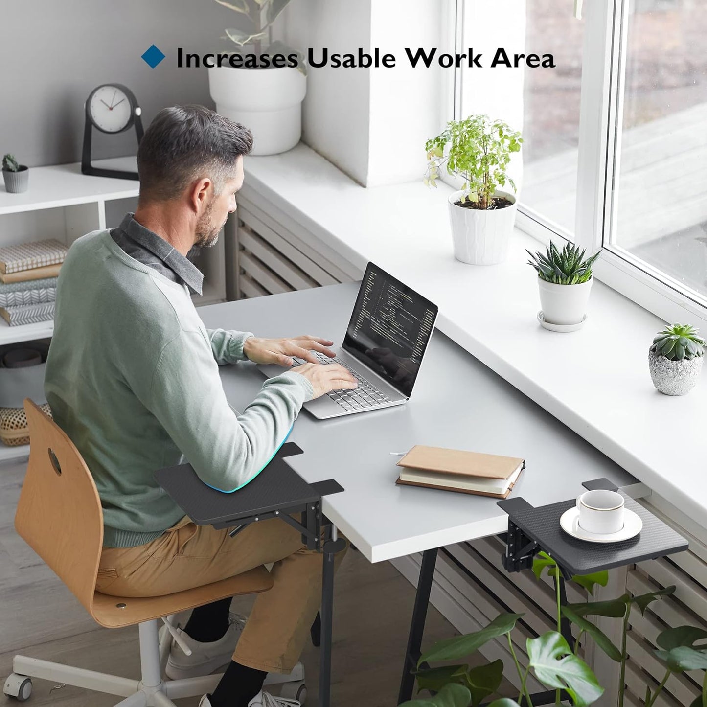 BONTEC Desk Extender Tray, 11.8"x5.9" Table Mount Arm Wrist Rest Shelf, 90°Foldable Elbow Support, Clamp on Computer Arm Rest for Desk, Office & Home Use, Durable & Easy to Install, Black Carbon Fiber