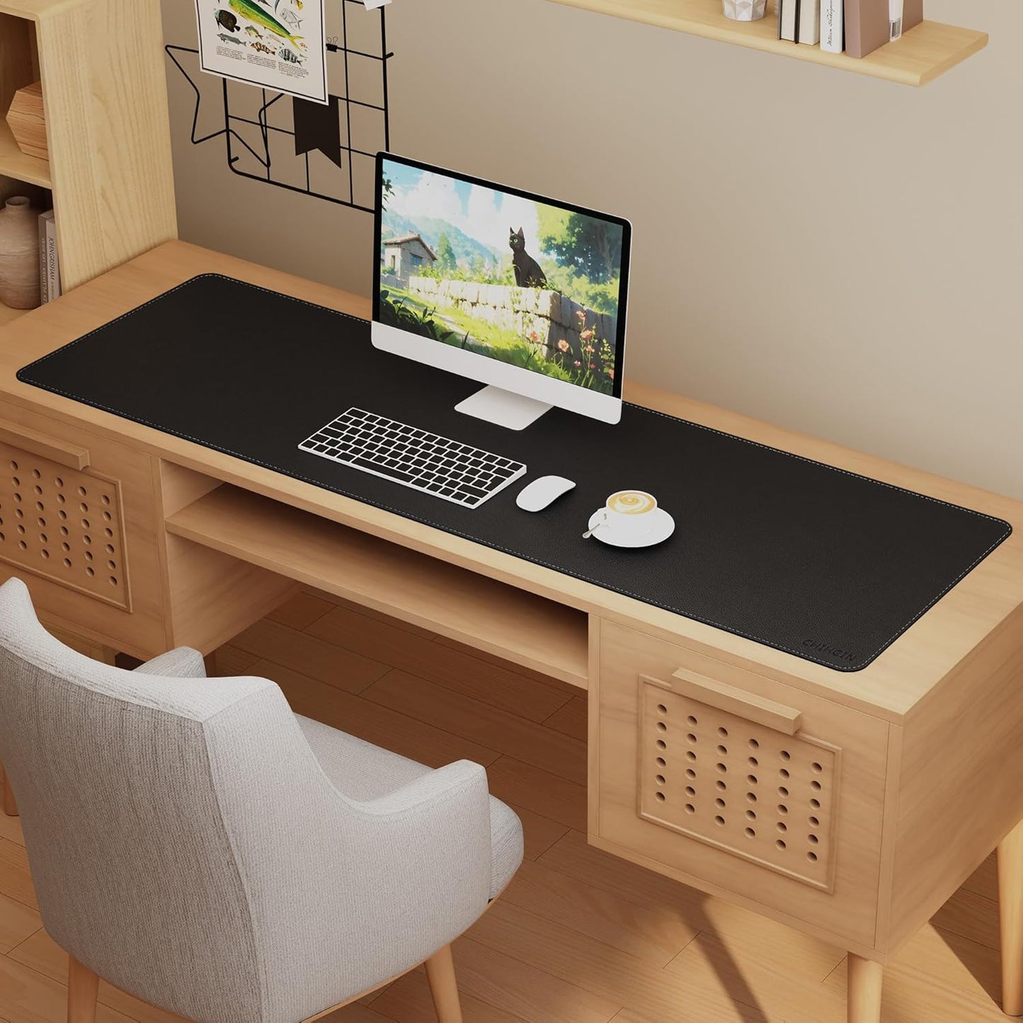 Chihein 2XL 35" x 16" Cork & PU Leather Desk Mat, Dual Sided Desk Pad Protector, Waterproof Writing Blotter for Gaming, Office, Home (Black)