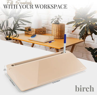 Birch Small Desktop Glass Whiteboard & Magnetic Calendar – Dry Erase Desk Pad Keyboard Stand with Storage, Adjustable Dividers, 3 Markers & Eraser – Office, Home & School (Moss)
