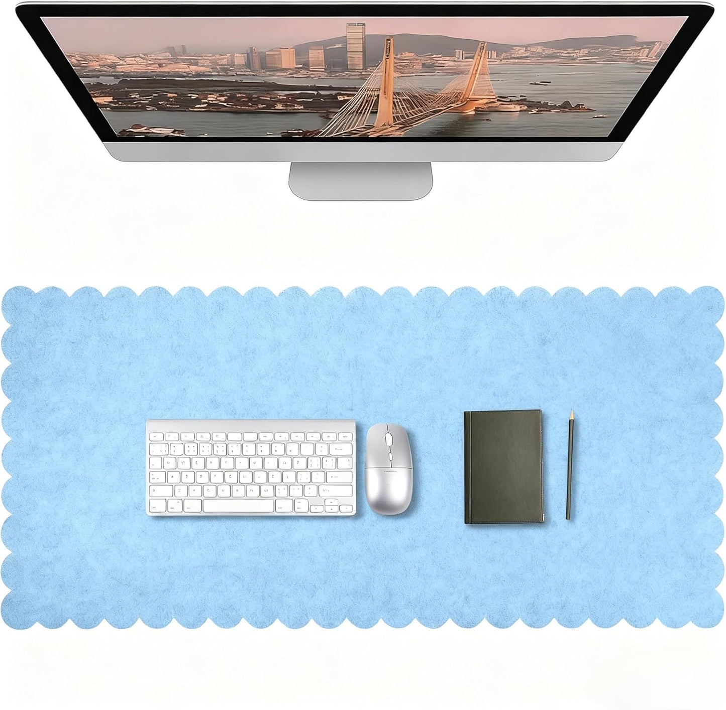 Copkim 35 x 16.5 Inch Felt Desk Mat with Scalloped Edges, Large Felt Mouse Pad Non Slip Scalloped Computer Laptop Desktop Pad for Keyboard and Mouse Home Office(Gray)