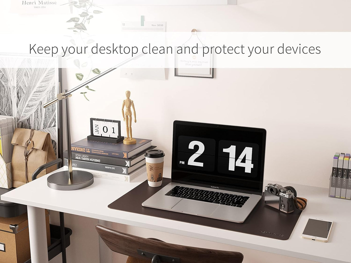 RENMTURE Dual-Sided Mouse Pad, Natural Cork & PU Leather Large Desk Pad for Office and Home Work, Desk Protector Non-Slip, Waterproof, Easy Clean (Olive Green, 32"x16")