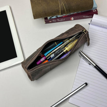 Rustic Town Leather Pencil Case - Full Grain Leather Zippered Pen Pouch - Stationery Bag Pen Holder for Work & Office