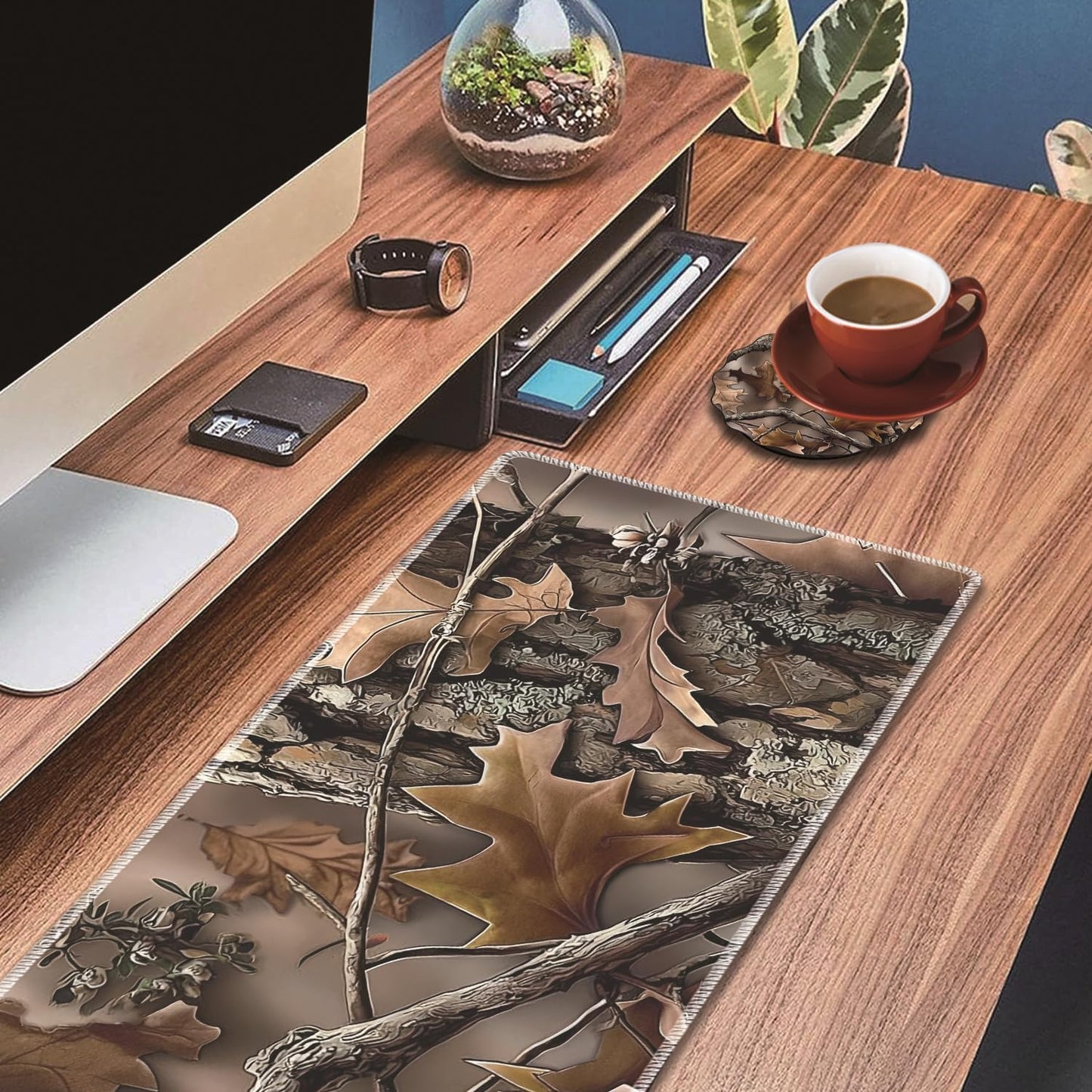 Mouse Wrist Rest and Keyboard Wrist Rest Pad Set, Non-Slip Rubber Base Smooth Surface Ergonomic Gaming Mouse Pad for Easy Typing and Pain Relief, Antique Blue Wood Grain Dog Paw + Coaster