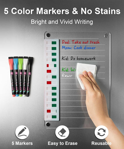 Magnetic Acrylic Dry Erase Board for Fridge, to Do List White Board with Sliding Buttons, 12"X8.2" Clear Chore Chart for Adults, Reusable Refrigerator Whiteboard Includes 5 Markers (White Line)