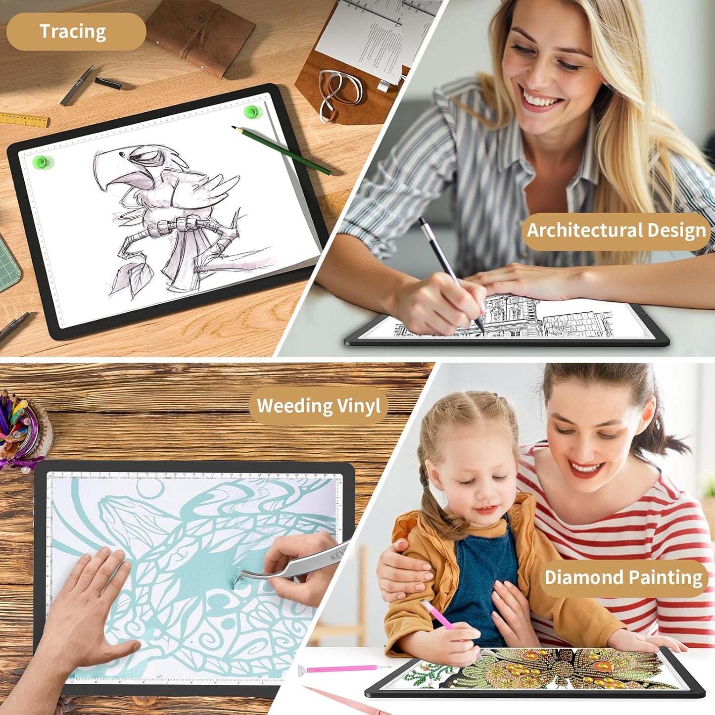 YINGWOND Rechargeable A4 Light Box for Tracing,Ultra-Thin 9000LUX Super Bright Wireless Light Pad with Adjustable Brightness Color,13.9x10 in Light Board for Diamond Painting Drawing Sketching