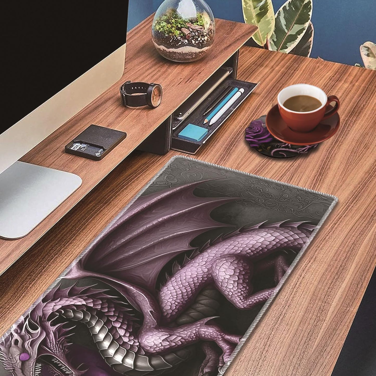 Mouse Wrist Rest and Keyboard Wrist Rest Pad Set, Non-Slip Rubber Base Smooth Surface Ergonomic Gaming Mouse Pad for Easy Typing and Pain Relief, Antique Blue Wood Grain Dog Paw + Coaster
