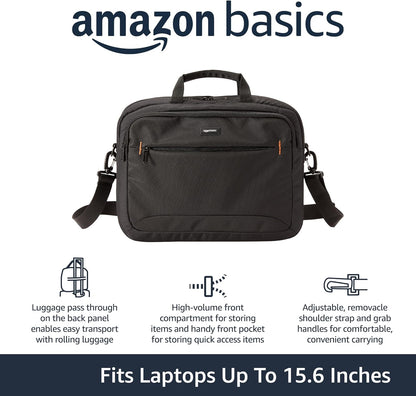Amazon Basics Laptop Tablet Carrying Case with Shoulder Strap and Grab Handles, 14-inch, Black, Compartments for Storage