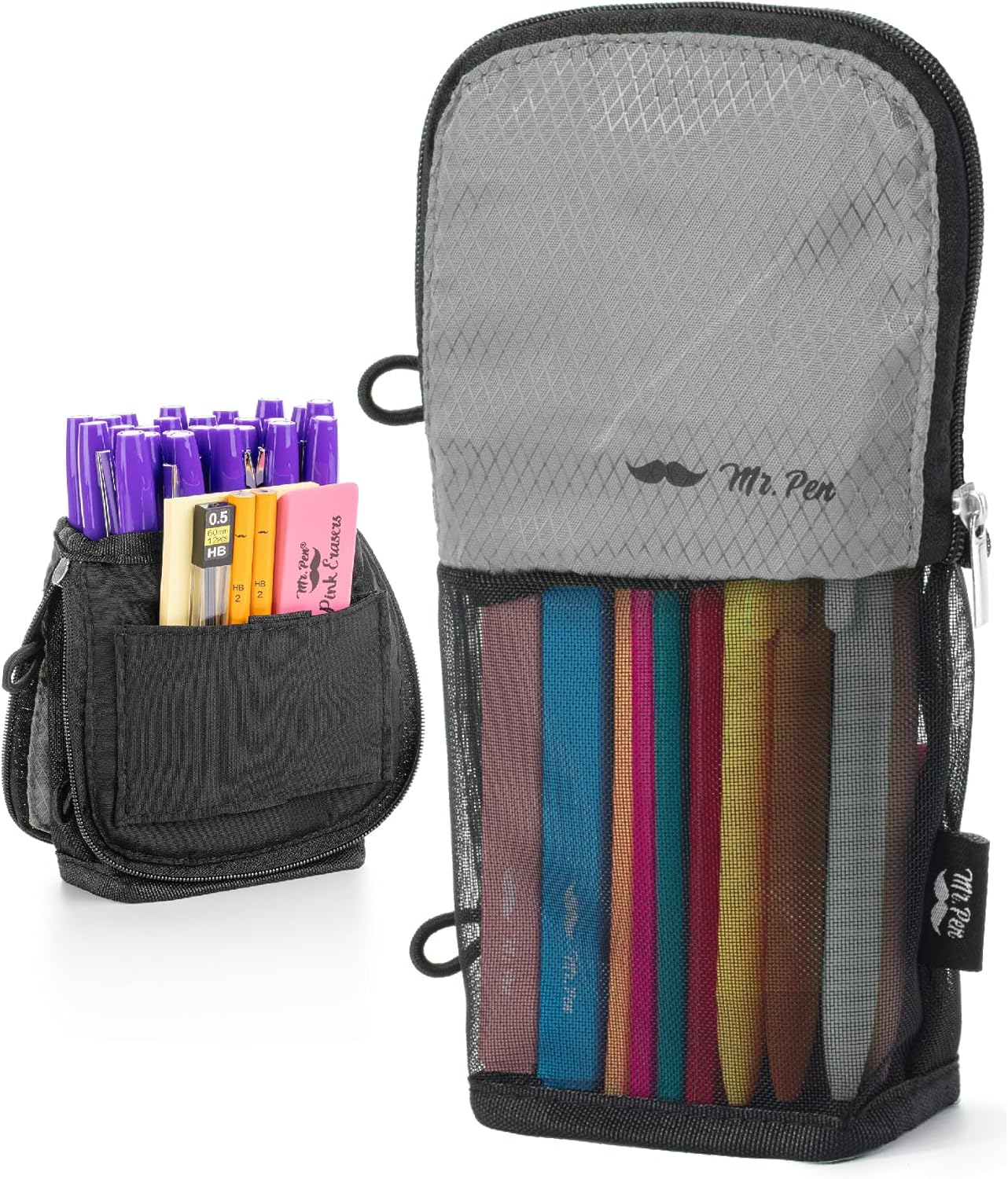 Mr. Pen- Standing Pencil Case Pouch, Sit & Lay Mesh-View Design, Black & Gray, Interior Pocket & 2 Elastic Binder Loops, Cute Pencil Case for Girls and Boys