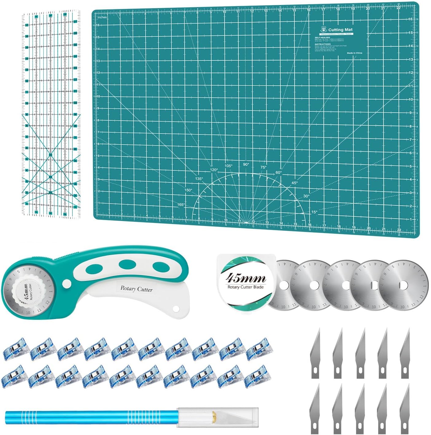 Headley Tools Rotary Cutter Set - 45mm Fabric Cutter, 5 Extra Rotary Blades, A3 Cutting Mat, Quilting Ruler and Sewing Clips, Craft Knife Set, Ideal for Crafting, Sewing, Patchworking, Purple