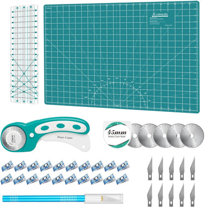 Headley Tools Rotary Cutter Set - 45mm Fabric Cutter, 5 Extra Rotary Blades, A3 Cutting Mat, Quilting Ruler and Sewing Clips, Craft Knife Set, Ideal for Crafting, Sewing, Patchworking, Purple