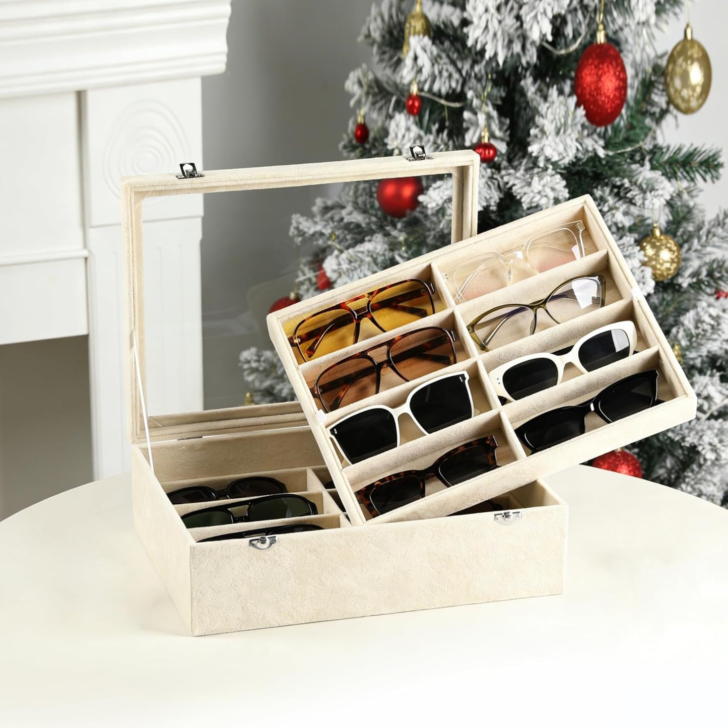 Frebeauty 16 Slots Sunglasses Organizer,2 Layer Velvet Sunglasses Tray with Glass Lid,Multiple Pairs Sunglass Display Case for Man or Woman,13.7 * 10.25 * 4.1 Inches Eyeglass/Eyewear Box (Beige)