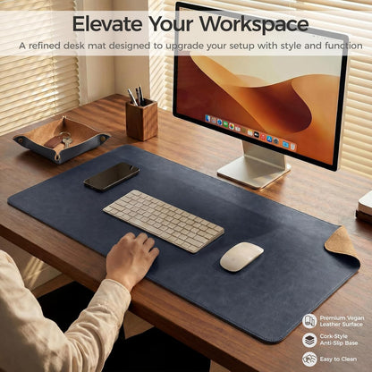 Premium Faux Leather Desk Mat & Tray Set，Innovative Cork-Look Printed Base，Gift Tube Packaging，Full-Desk Coverage，Non-Slip Desk Pad for Office Home（Olive Green）