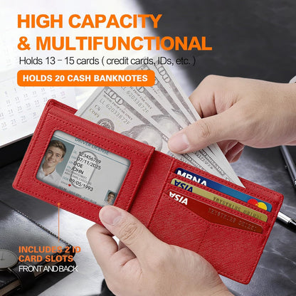 Wallet for Men Slim RFID Blocking Bifold Carbon Fiber,Minimalist Small Compact Front Pocket Credit Card Holder,Thin Mens Leather Wallets Smart Security With 2 ID Windows 1 Cash,Birthday Gifts for Men
