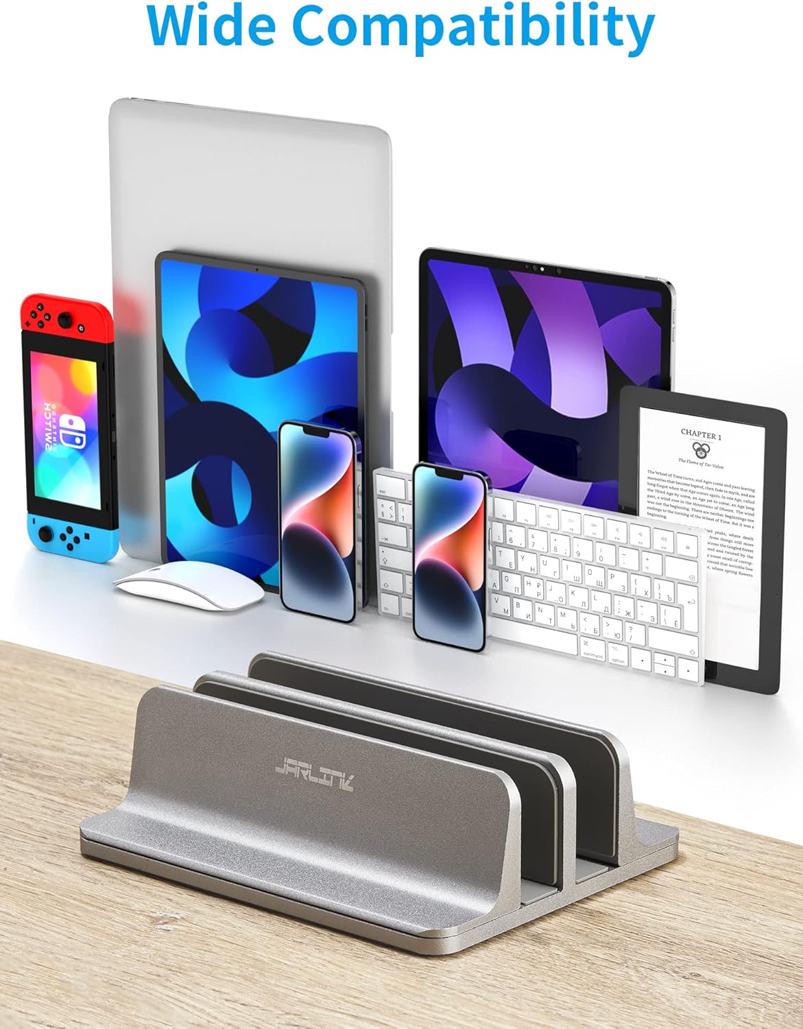 JARLINK Vertical Laptop Stand Holder, Aluminum Double Desktop Stand Holder with Adjustable Dock (Up to 17.3 inch), Compatible with MacBook, Surface, Chromebook, and Gaming Laptops, Silver