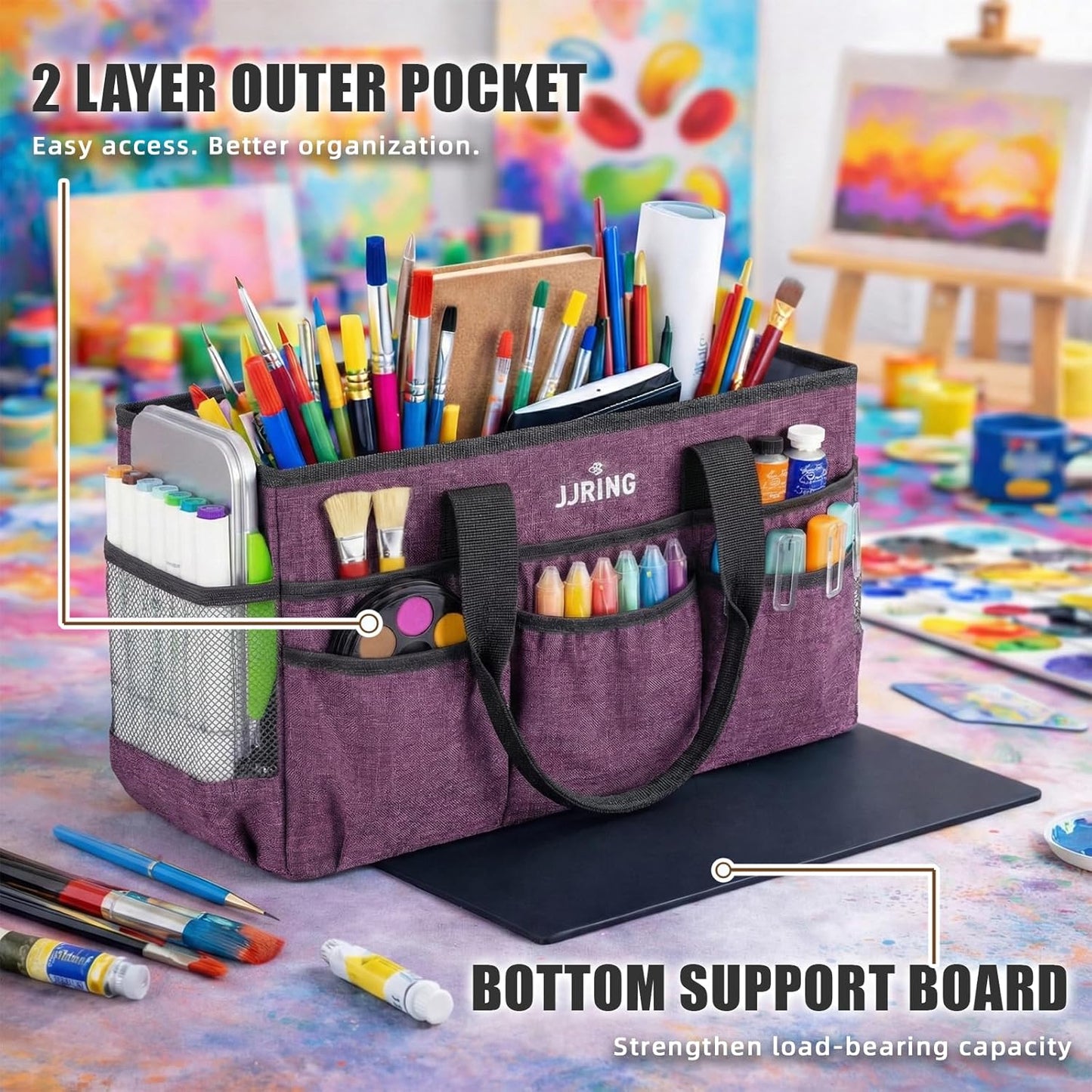 JJRING Large Art Supply Storage Tote Bag With 2 Mesh Side Pockets & Front Elastic Pockets – Sturdy Craft Organizer Caddy with Reinforced Bottom For Sewing, Scrapbooking, Teachers & Artists(Green) | Breathable Material