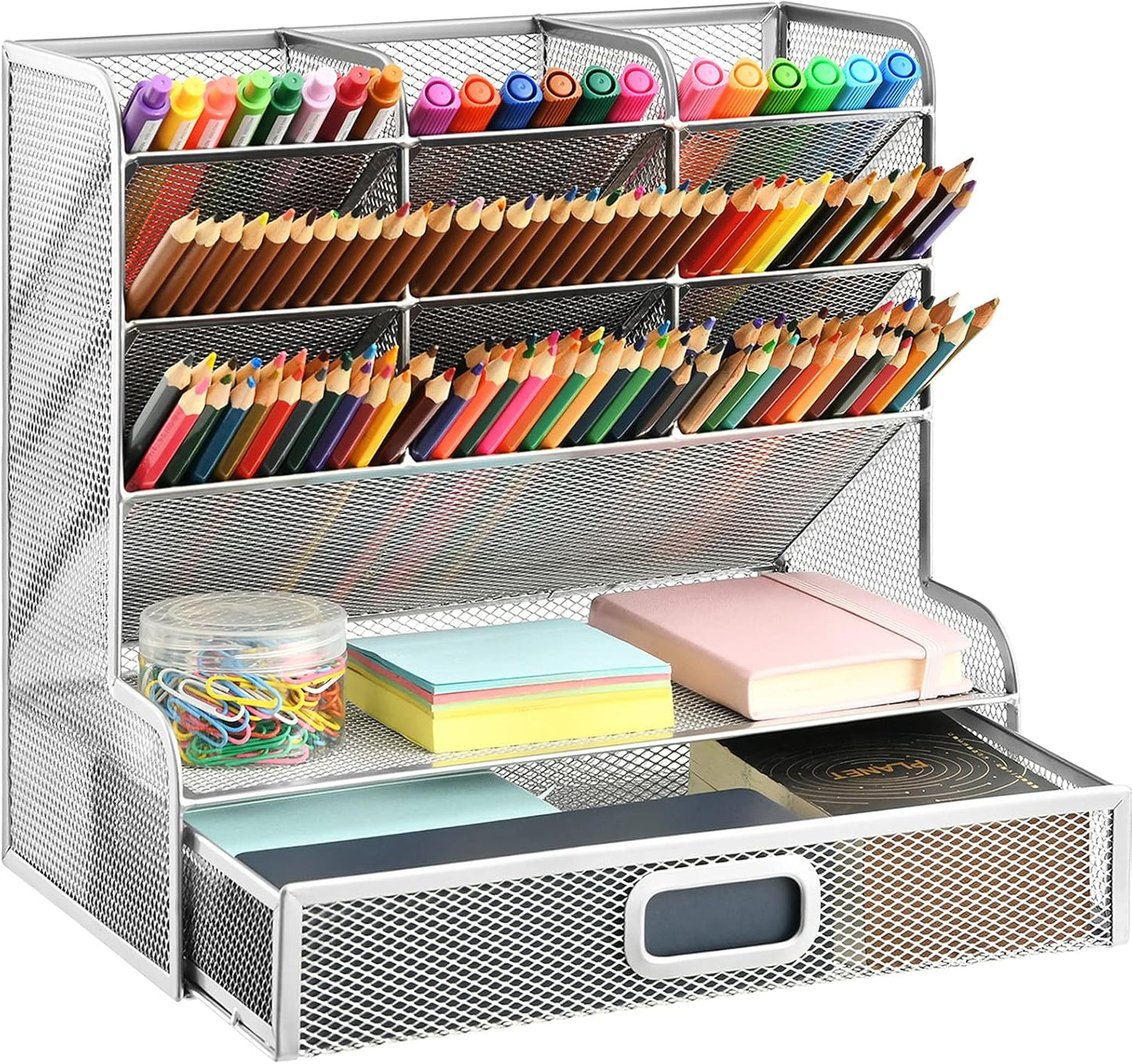 Marbrasse Larger Mesh Desk Organizer with Drawer, Multi-Functional Pen Pencil Holder, Easy Assembly, Desk Organizers and Accessories for Office Art Supplies (Black)