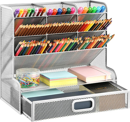 Marbrasse Larger Mesh Desk Organizer with Drawer, Multi-Functional Pen Pencil Holder, Easy Assembly, Desk Organizers and Accessories for Office Art Supplies (Black)