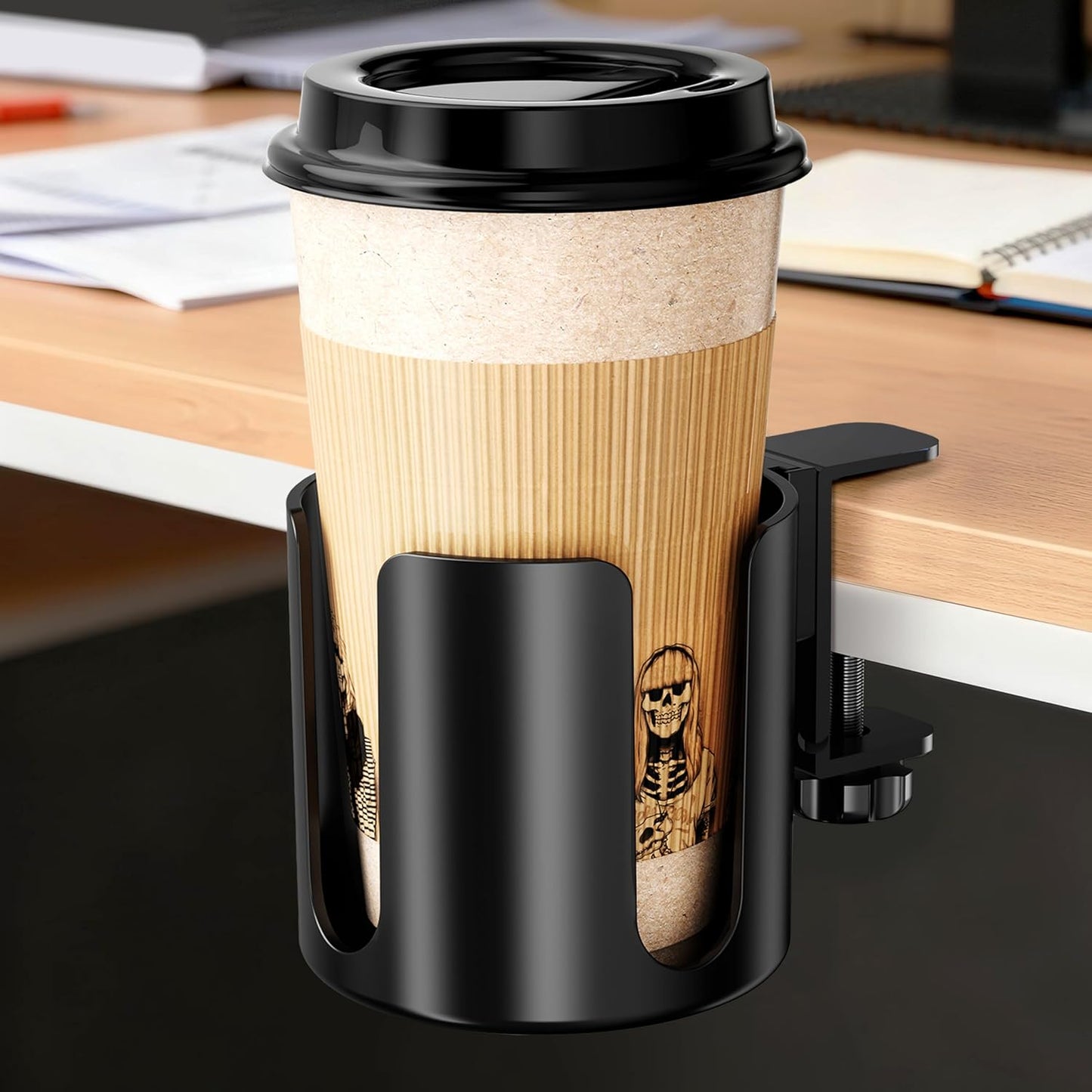 Desk Cup Holder Clip On 360° Rotating Clamp,Deeper Anti-Spill Drink Holders for Water Bottles & Coffee Mugs,Adjustable Clamp Fits Screw On Table for Drinks,Office,Gaming Desk,Home,Black