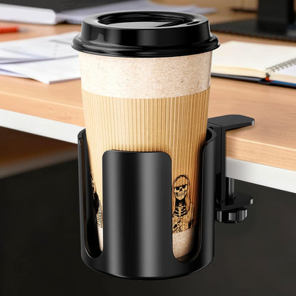 Desk Cup Holder Clip On 360° Rotating Clamp,Deeper Anti-Spill Drink Holders for Water Bottles & Coffee Mugs,Adjustable Clamp Fits Screw On Table for Drinks,Office,Gaming Desk,Home,Black