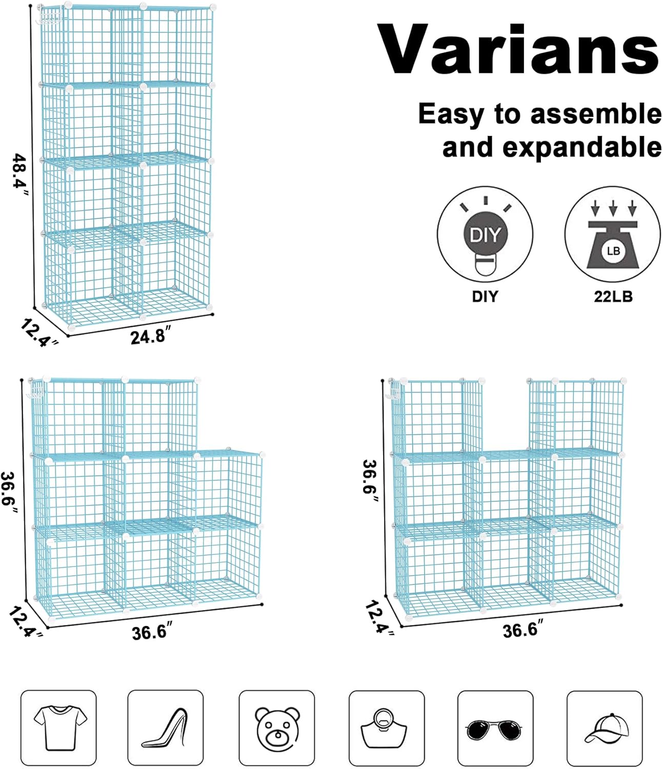 C&AHOME Wire Cube Storage, 6 - Cube Organizer Metal C Grids, Modular Shelves Units, Storage Bins Shelving, Closet Organizer, Ideal for Home, Office, Living Room, 36.6”L x 12.4”W x 36.6”H Black