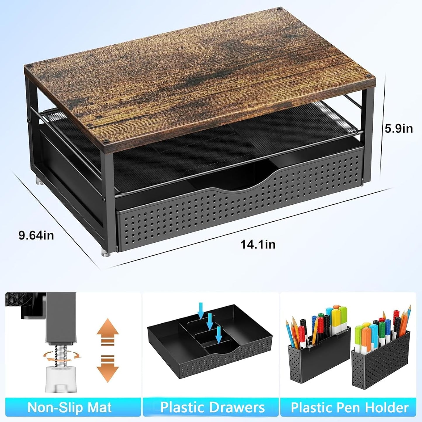 gianotter Monitor Stand Riser, Office Desk Shelf Organizer, Desk Organizer with Drawer and Pen Holder, 2-Tier Computer Stand, Office Organization (Ink)