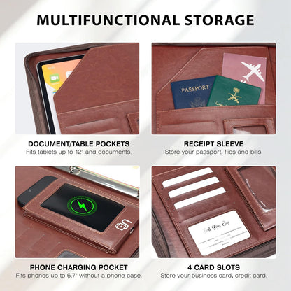 Ospelelf Zippered Padfolio Organizer, Faux Leather 3 Ring Binder with Clipboard, Letter Size Business Portfolio with Notepad, Tablet Sleeve & Phone Pockets for Office Work Brown