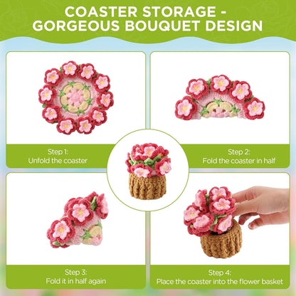 Flower Crochet Coasters, Handmade Bouquet Blanket Coaster with Crochet Plant Pot Fun Soft Decorative Drink Coasters for Coffee Tabletop Protection and Home Decor (Pink, 1Pc)