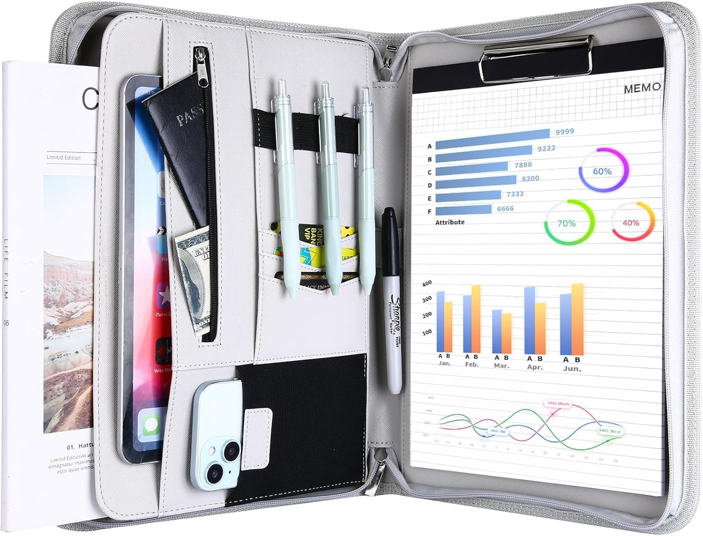 ProCase Portfolio Business Padfolio Folder with Zipper, Conference Meeting Executive File Legal Document Organizer with Pockets Letter Size A4 Writing Pad Notepad Padfolio -Black