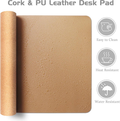 Aothia Dual-Sided Desk Pad - 25.6x13.7 inches Leather Desk Mat, Natural Cork Desk Pad Protector, Large Mouse Pad for Desk, Waterproof Desk Blotter Pad, Desk Writing Pad for Office Work/Home, Black