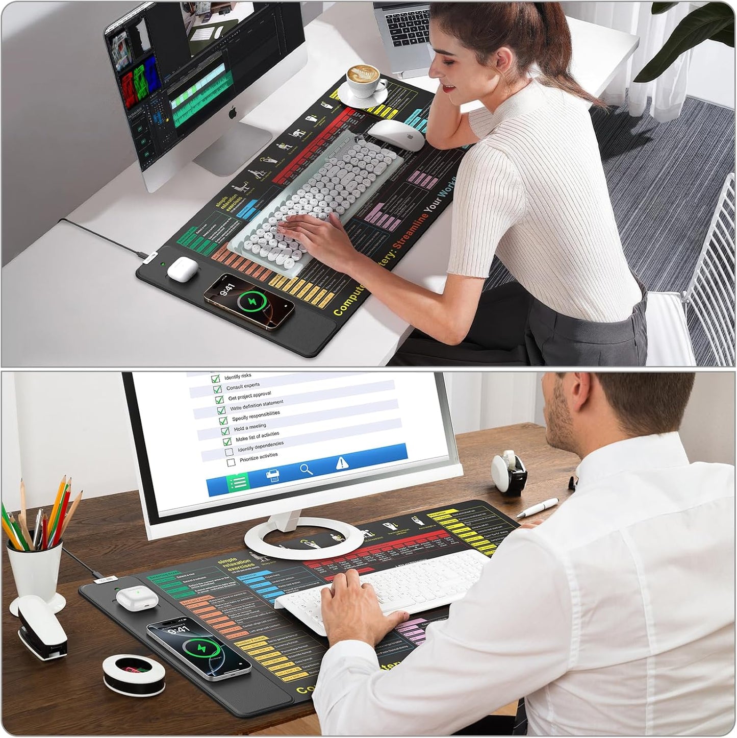 Wireless Charging Mouse Pad with Foldable Phone Holder, 31.5"x15.8" Large Desk Mat for Laptop/Keyboard, Waterproof Ultra-Smooth Surface, Non-Slip Base, Black