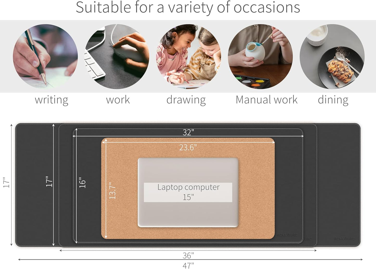 RENMTURE Dual-Sided Mouse Pad, Natural Cork & PU Leather Large Desk Pad for Office and Home Work, Desk Protector Non-Slip, Waterproof, Easy Clean (Olive Green, 32"x16")