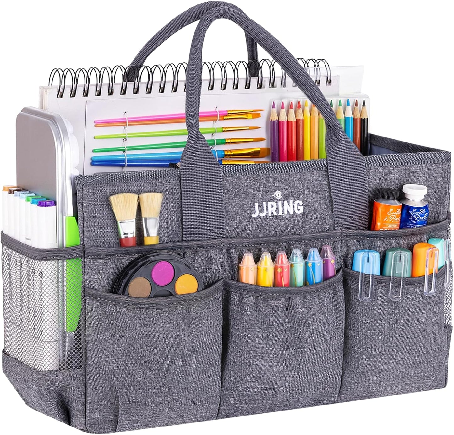 JJRING Large Art Supply Storage Tote Bag With 2 Mesh Side Pockets & Front Elastic Pockets – Sturdy Craft Organizer Caddy with Reinforced Bottom For Sewing, Scrapbooking, Teachers & Artists(Green) | Breathable Material