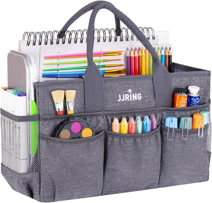 JJRING Large Art Supply Storage Tote Bag With 2 Mesh Side Pockets & Front Elastic Pockets – Sturdy Craft Organizer Caddy with Reinforced Bottom For Sewing, Scrapbooking, Teachers & Artists(Green) | Breathable Material