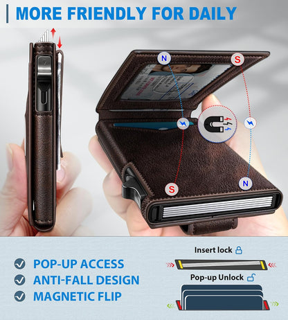 miyozi Airtag Wallet for Men Money Clip 9-Card Pop-Up Credit Card Holder with ID Window RFID Blocking Metal Case Magnetic Closure Front Pocket Wallet Gift Box | with Money Clip