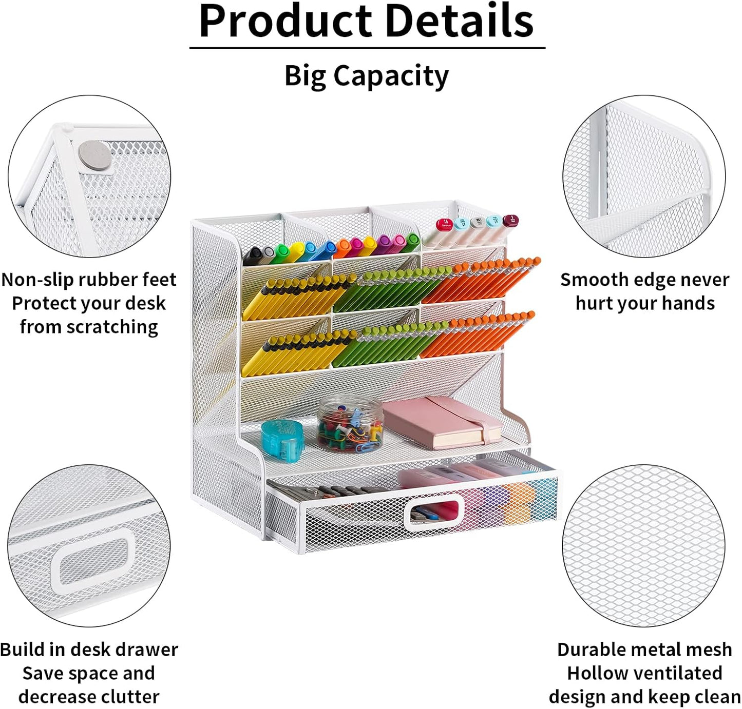 Marbrasse Larger Mesh Desk Organizer with Drawer, Multi-Functional Pen Pencil Holder, Easy Assembly, Desk Organizers and Accessories for Office Art Supplies (Black)