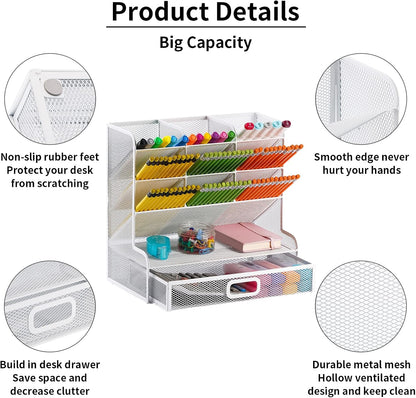 Marbrasse Larger Mesh Desk Organizer with Drawer, Multi-Functional Pen Pencil Holder, Easy Assembly, Desk Organizers and Accessories for Office Art Supplies (Black)