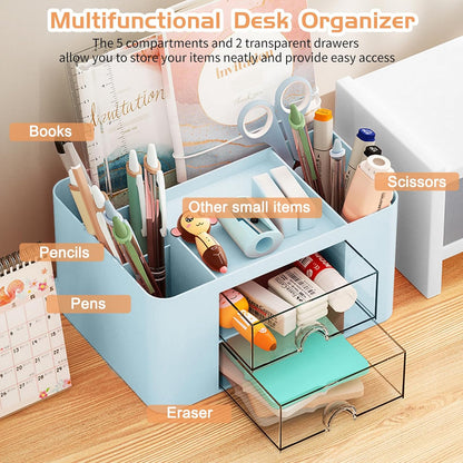 Cayxenful Pencil Holder For Desk,5 Slots 360°Degree Rotating Desk Organizers And Accessories,Desktop Storage Stationery Supplies Organizer, Cute Pencil Cup Pot For Office, School, Home (C-Blue)