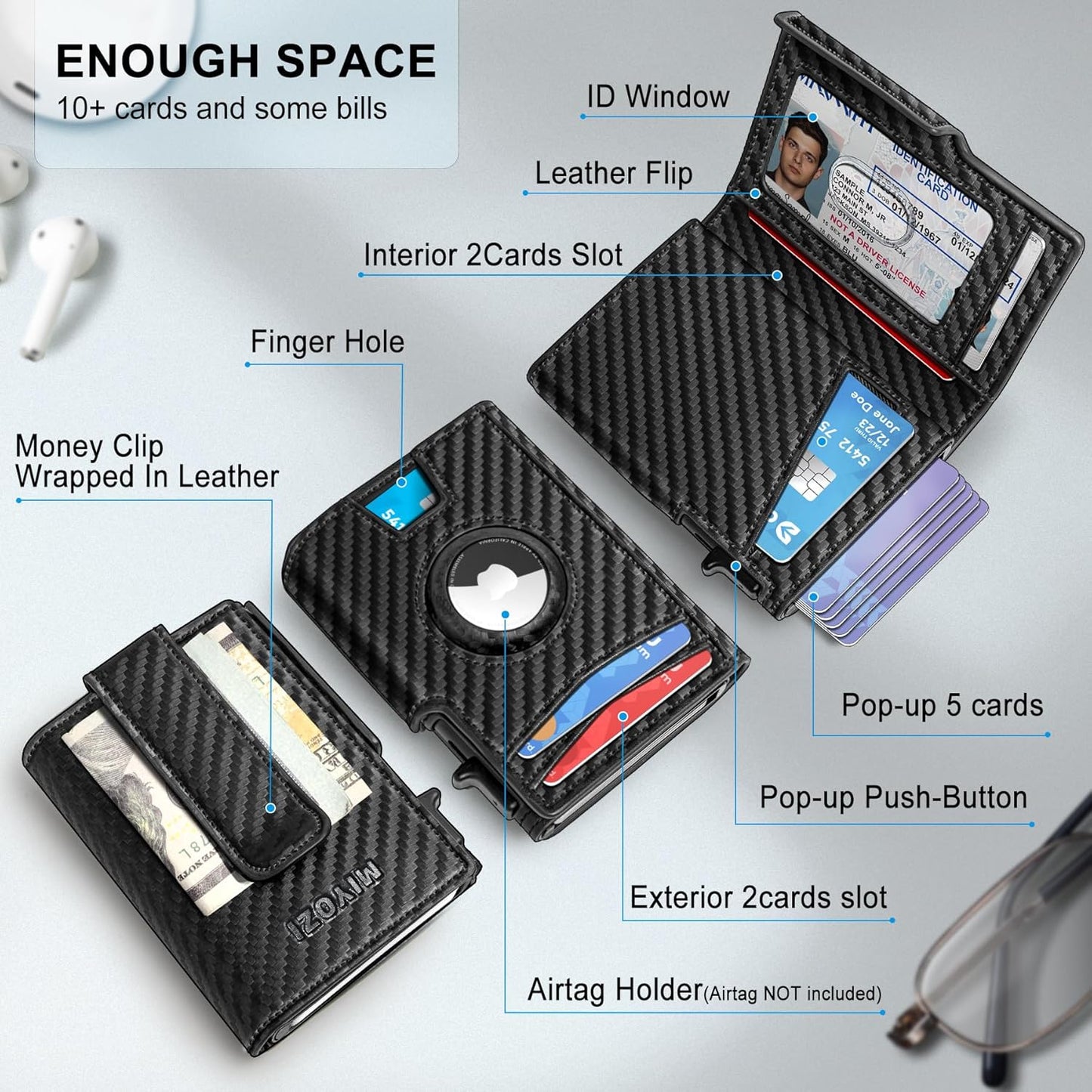 miyozi Airtag Wallet for Men,with Money Clip 10 Cards Metal Case Smart Slim Pop Up Credit Card Holder Flip with Magnetic Closure RFID Blocking wallet with Gift Box